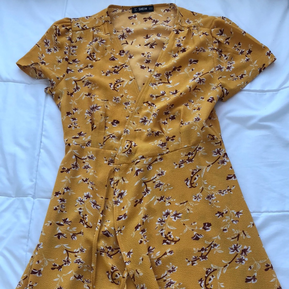yellow floral wrap dress